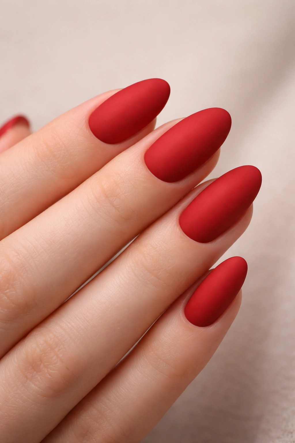 Matte red nails with velvety finish