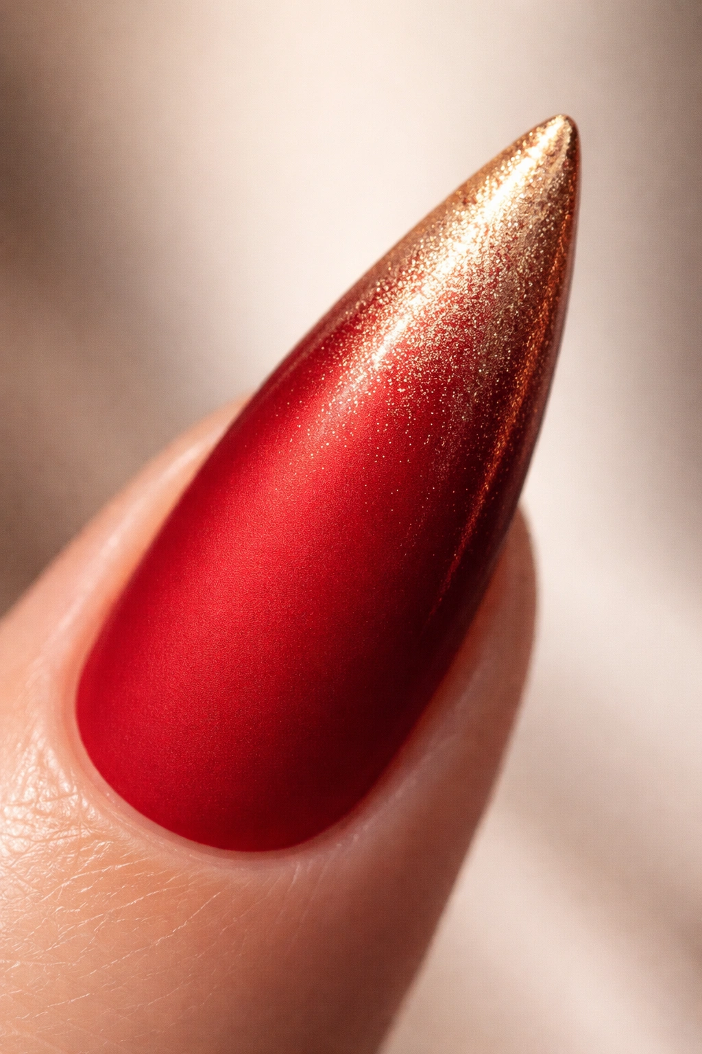 Close-up of a stiletto nail with matte red finish and a thin gold top coat