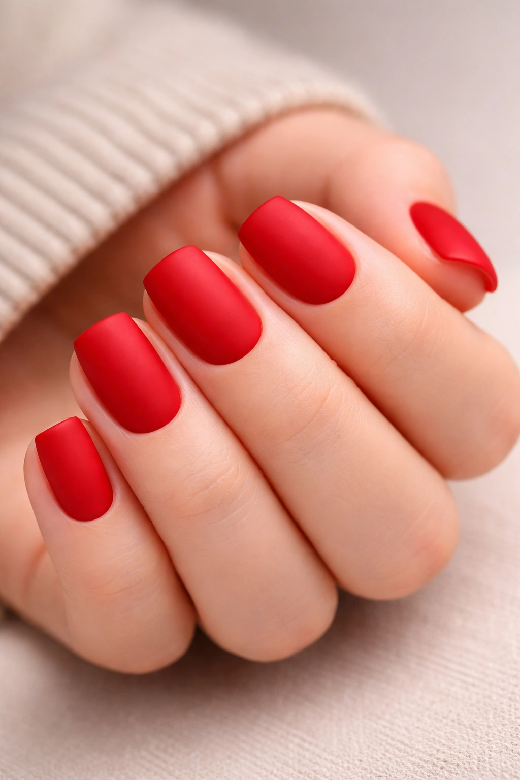 Matte red nails on short squoval nails