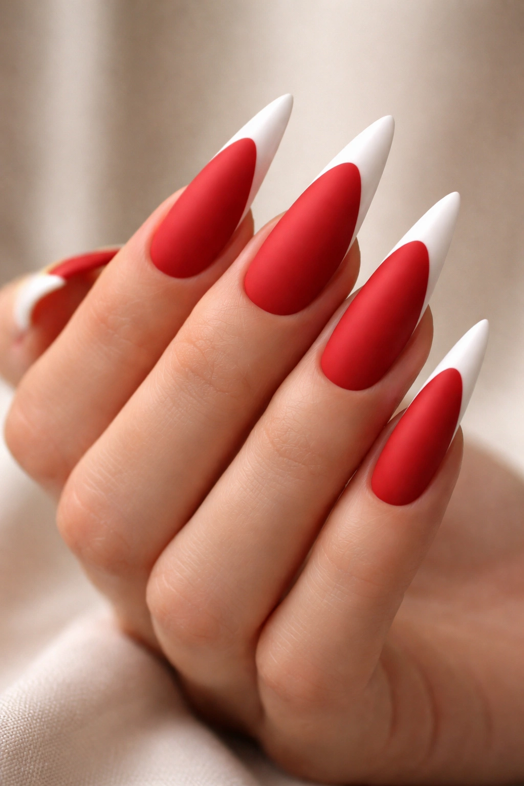 Close-up of matte red French tip stiletto nails with satin finish.