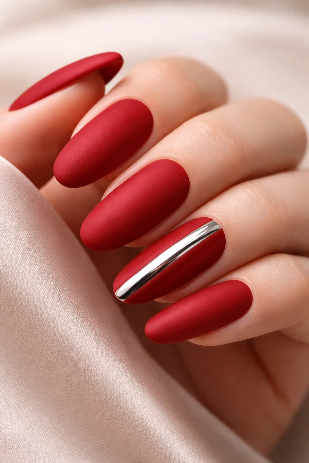 Close-up of long matte red acrylic nails with a chrome accent on one nail