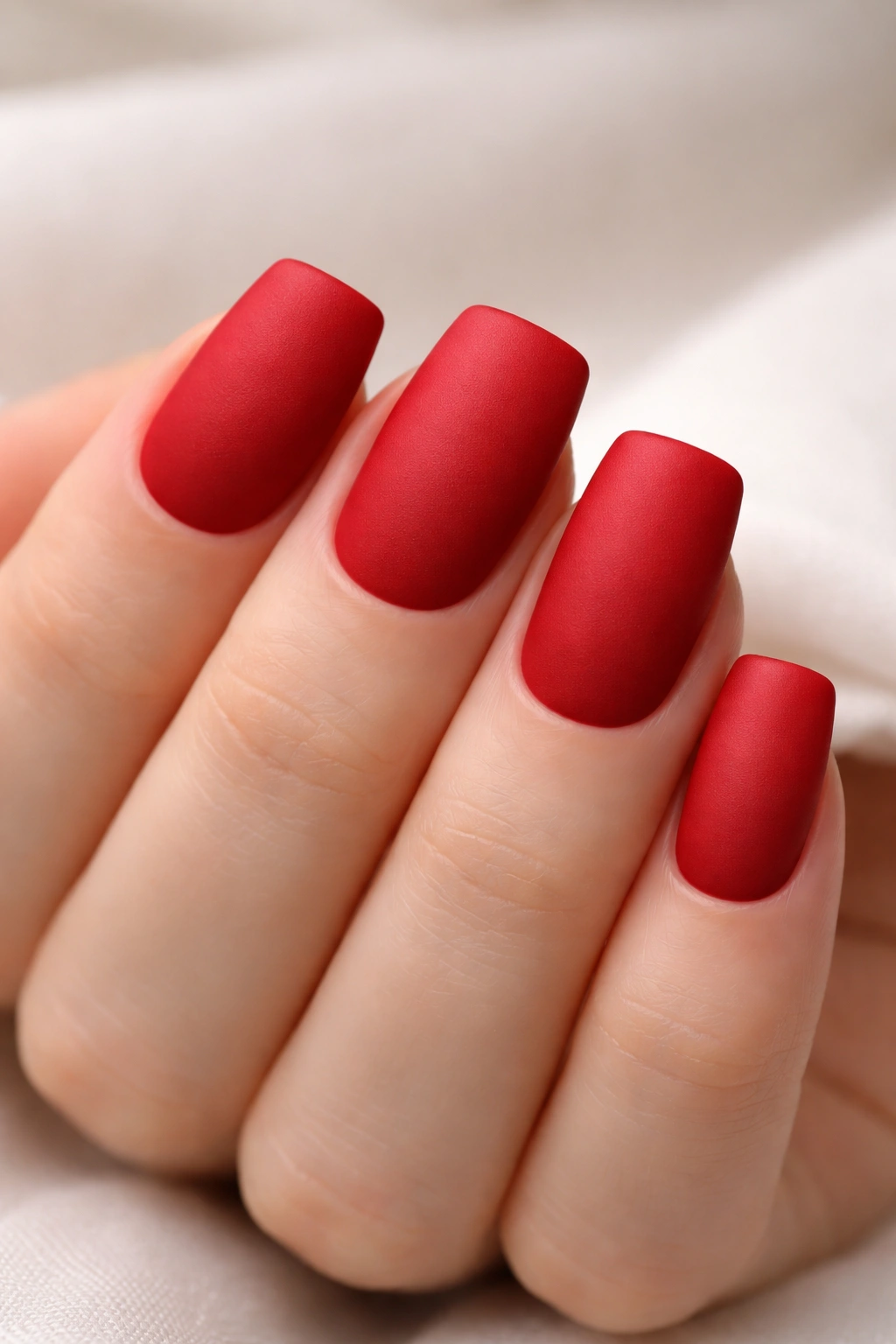 Close-up of short nails with matte red finish highlighting duck-nail silhouette