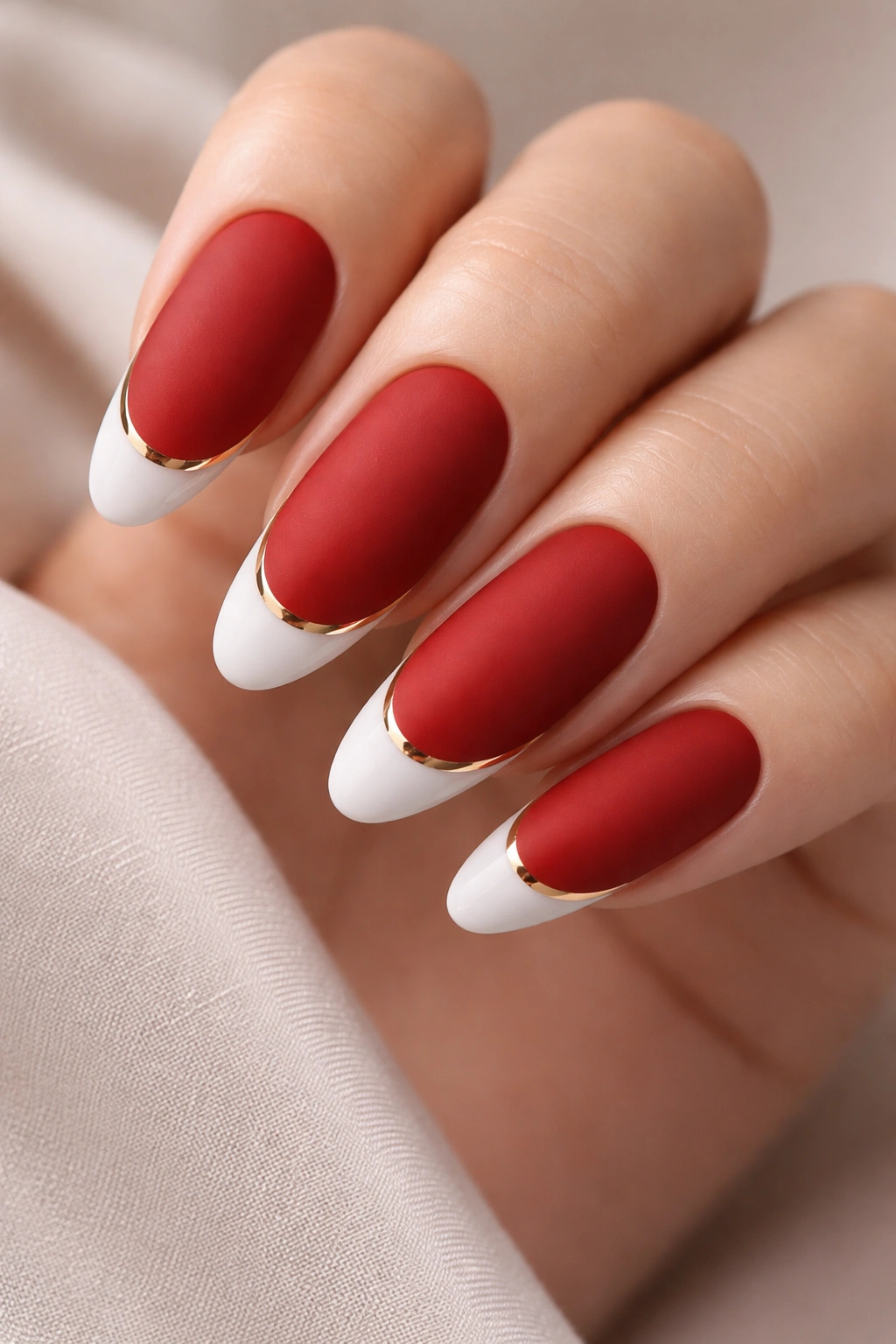 Matte red nails with glossy white French tips and a thin gold separator line