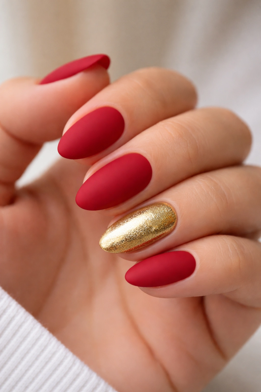 Close-up of matte red nails with one gold accent nail