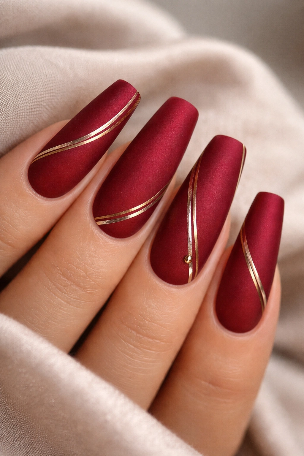 Matte red coffin nails with metallic accents on a neutral surface