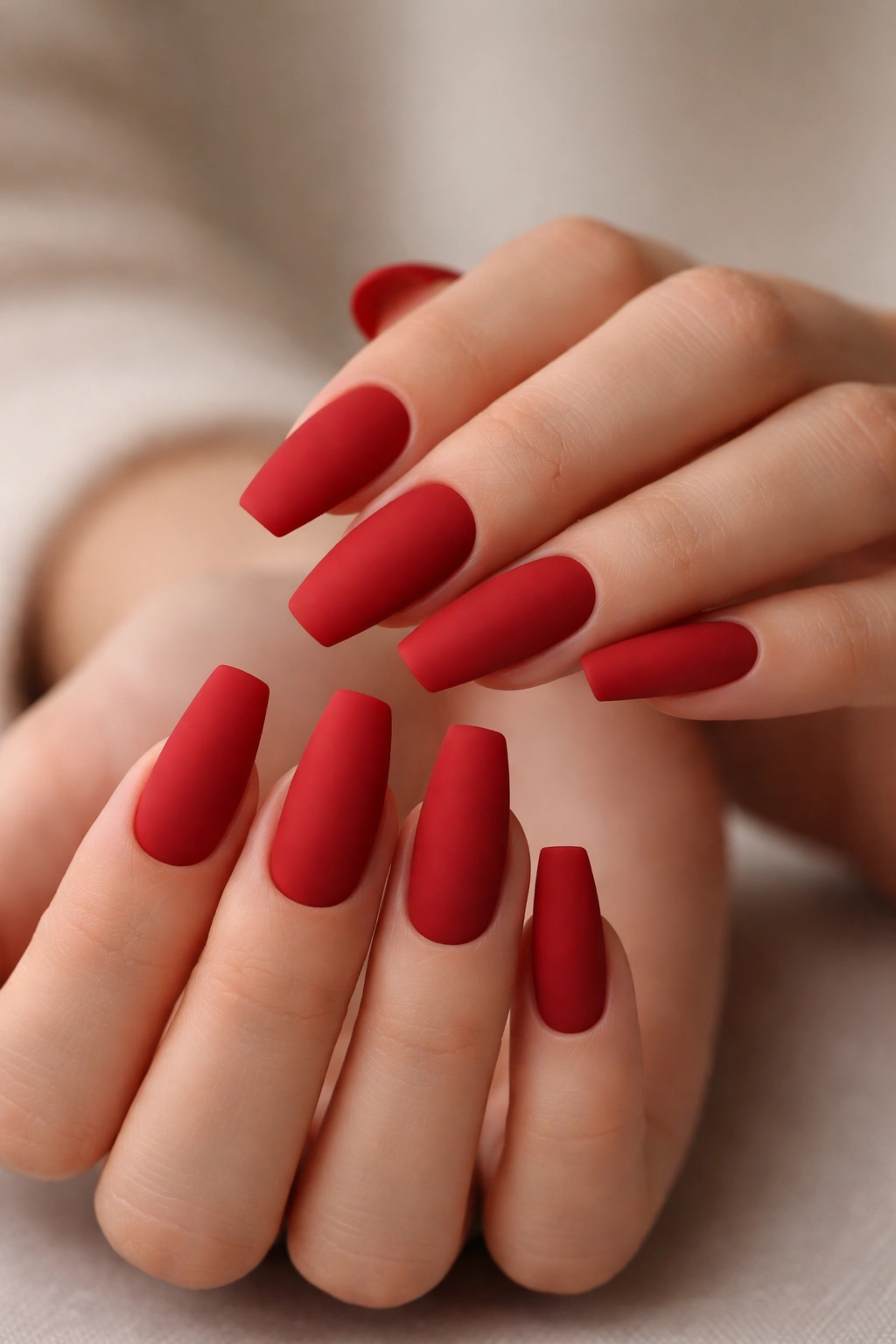 Close-up of medium coffin nails with matte red minimalist finish