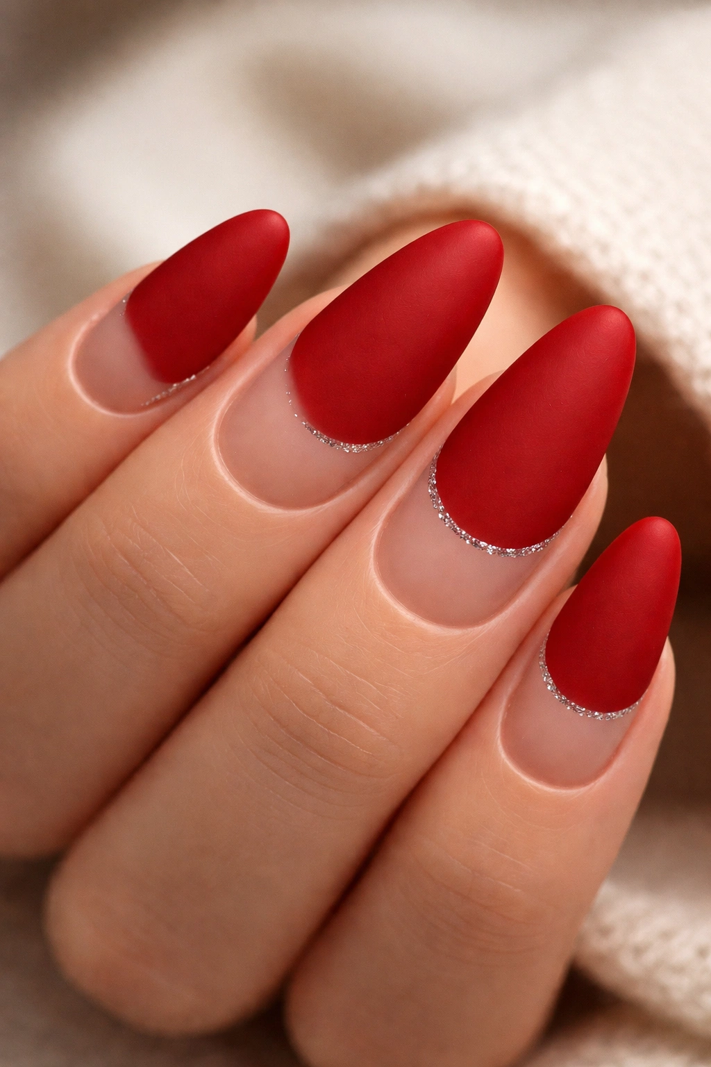 Almond nails with matte red tips and sparkling edge