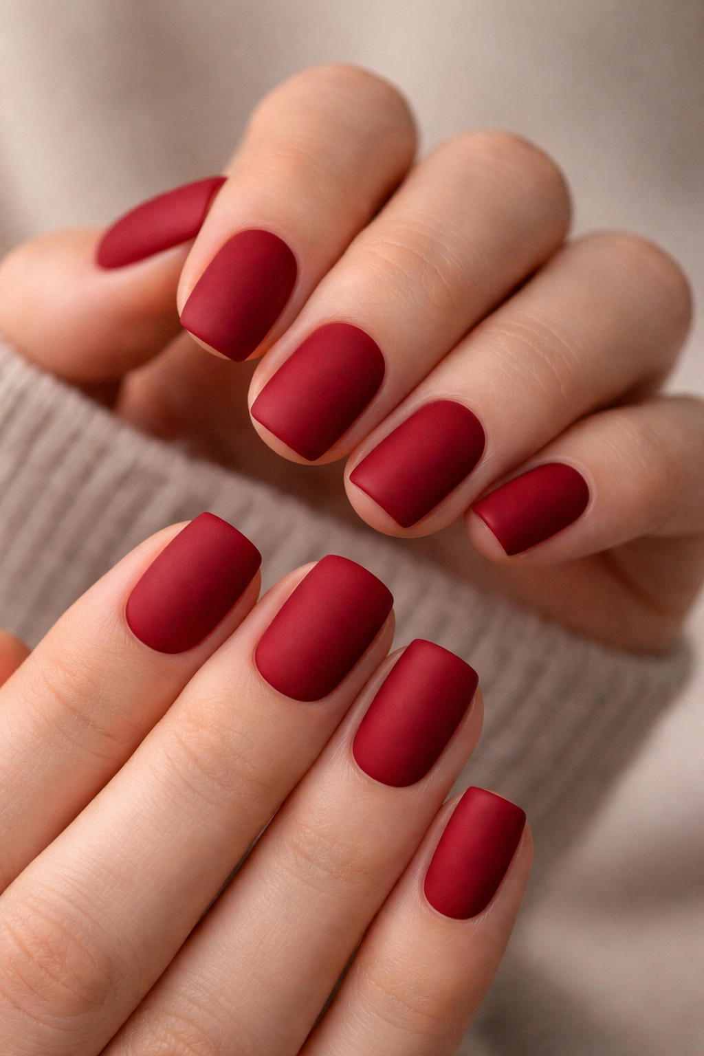Close-up of short squoval nails in matte red with velvety finish