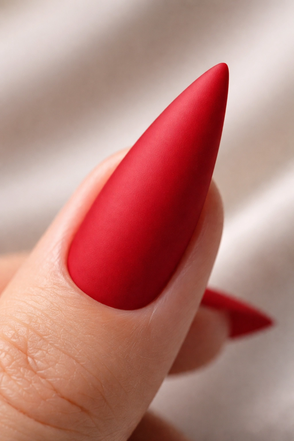 Matte red stiletto nail close-up