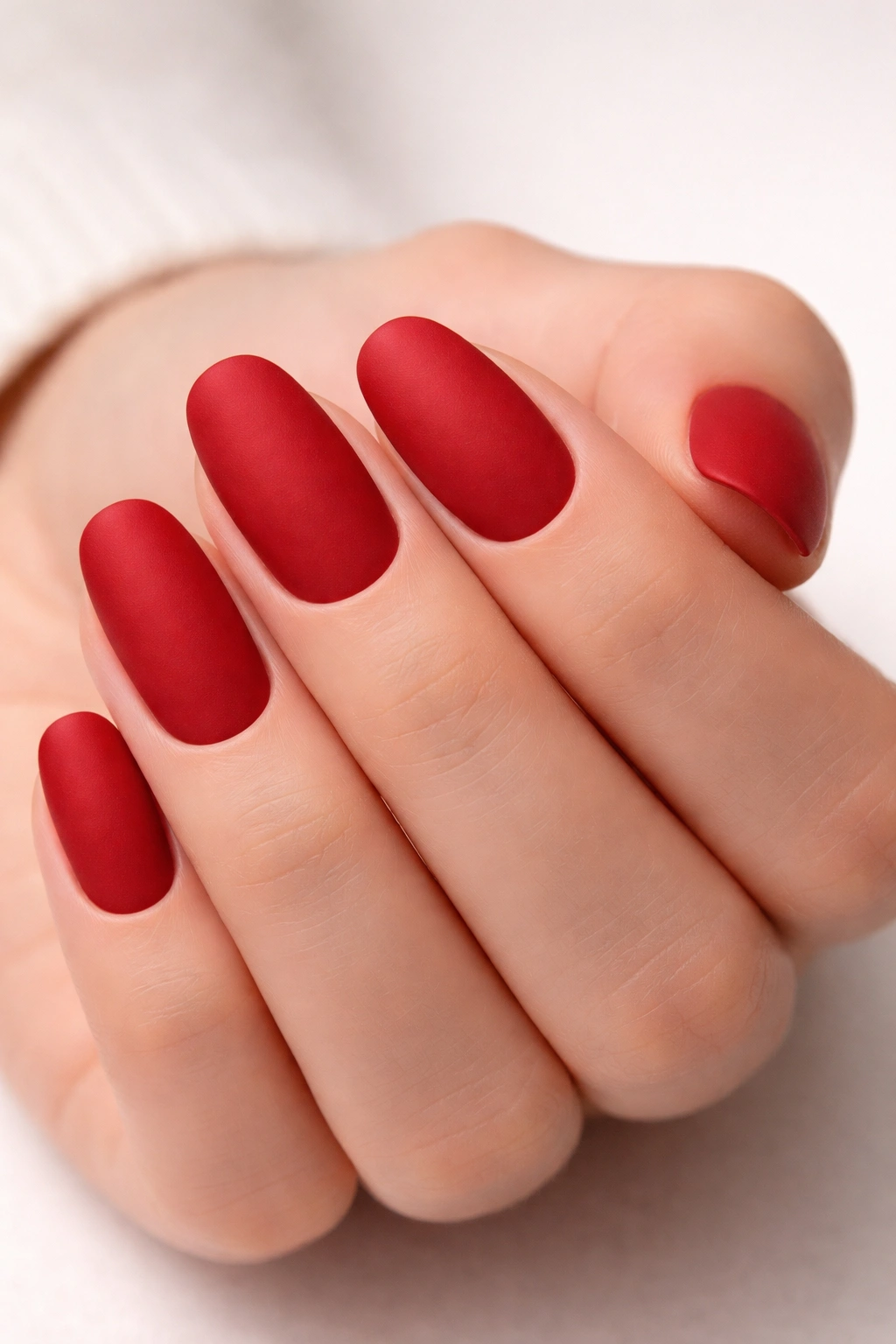 Close-up of matte red nails with velvety finish
