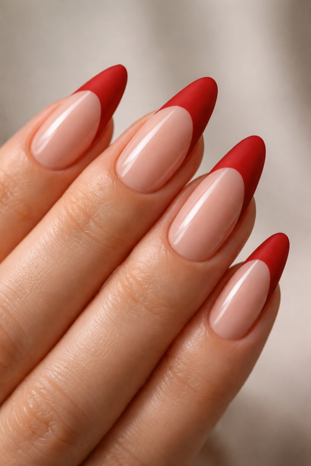 Almond nails with matte red tips on a glossy base.