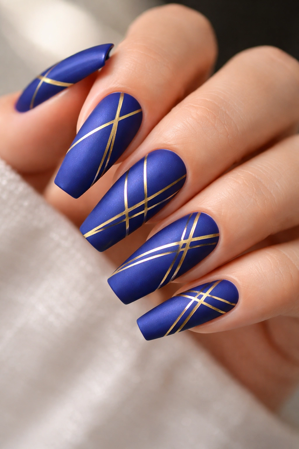Matte royal blue coffin nails with metallic geometric lines
