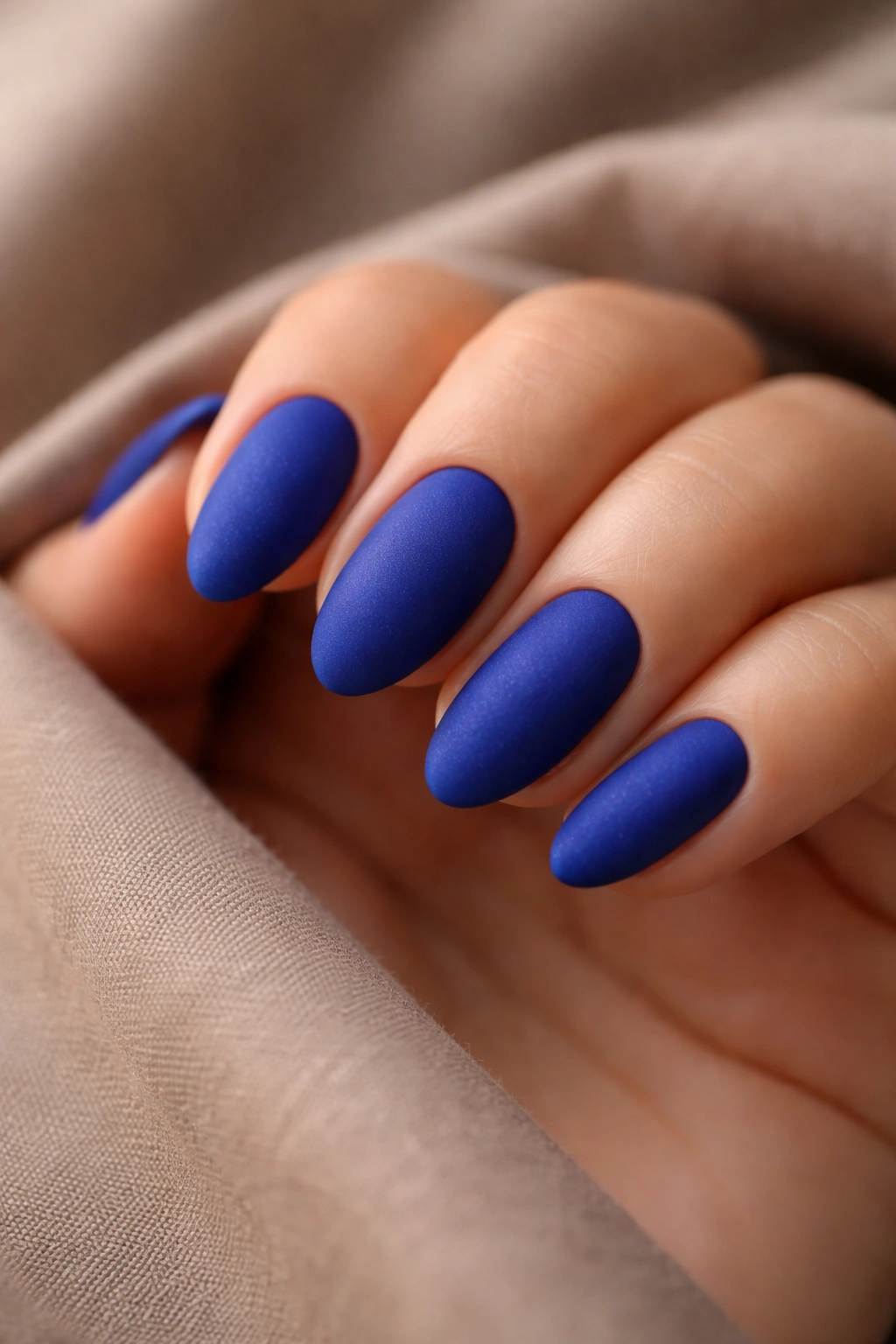 Close-up of matte royal blue short almond nails with velvety texture