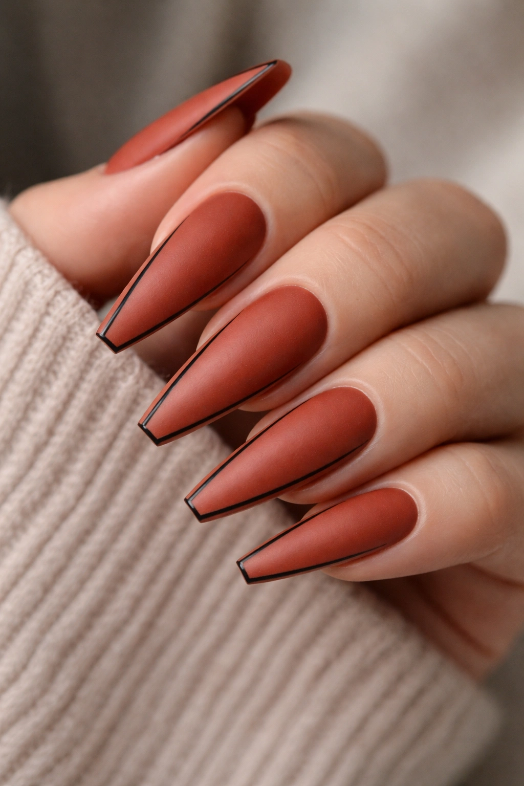 Matte rust nails with a thin black line art on ballerina shape