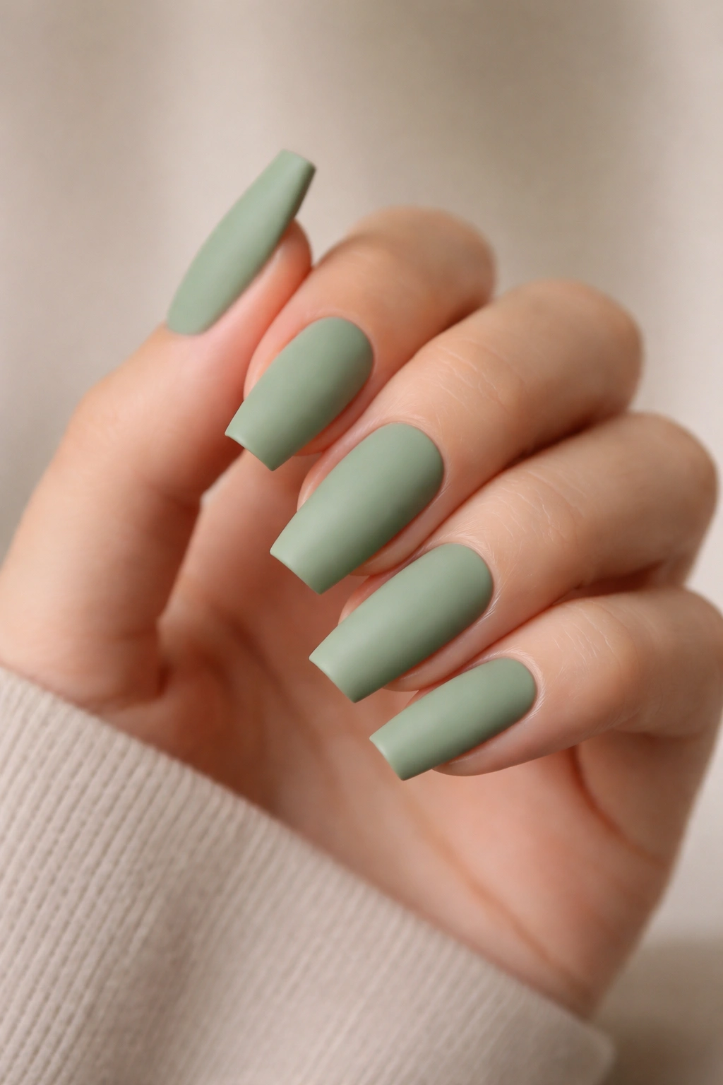 Close-up of matte sage green coffin nails on a bare hand