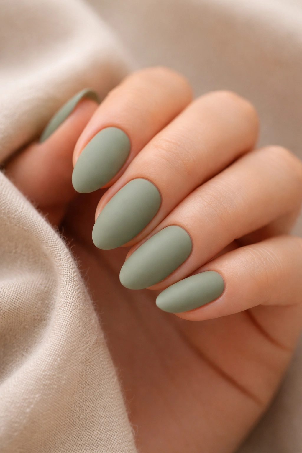 Close-up of matte sage green short almond nails
