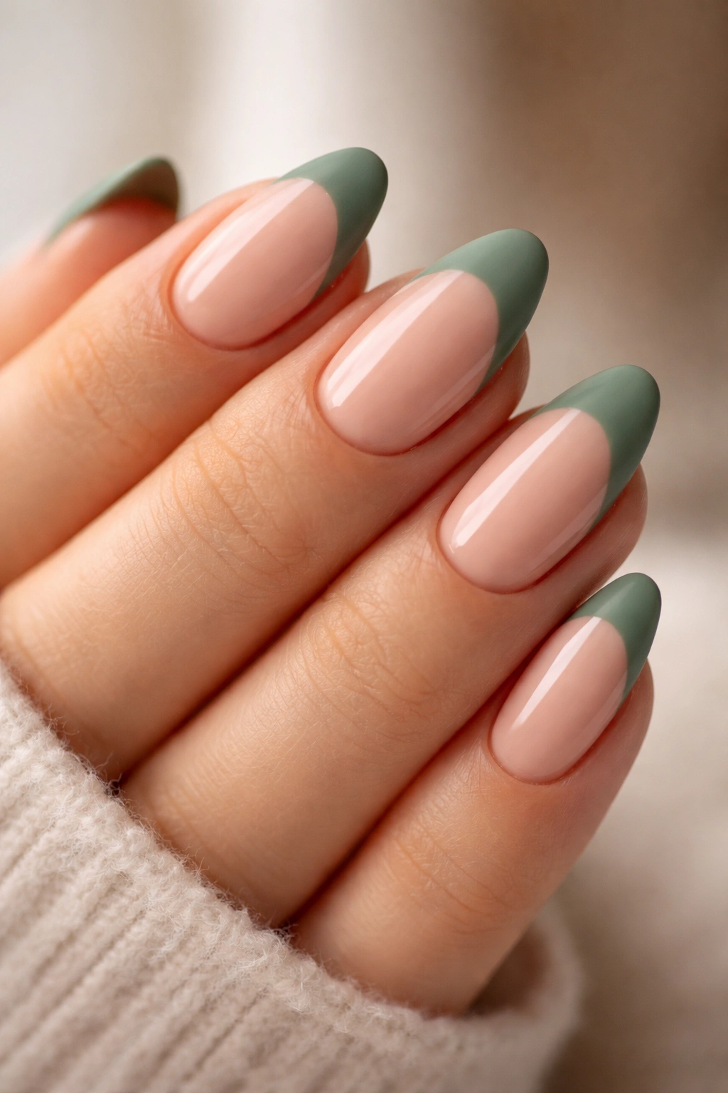 Almond nails with matte sage tips and glossy nude base