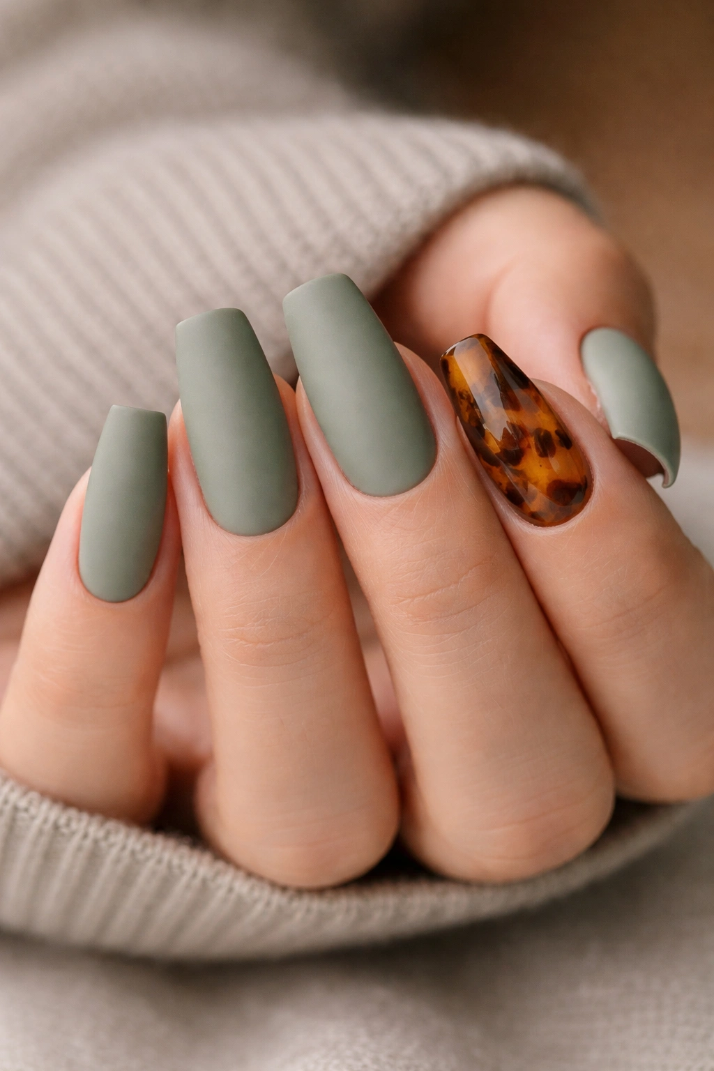 Matte sage nails with one tortoiseshell accent nail on a ballerina shape