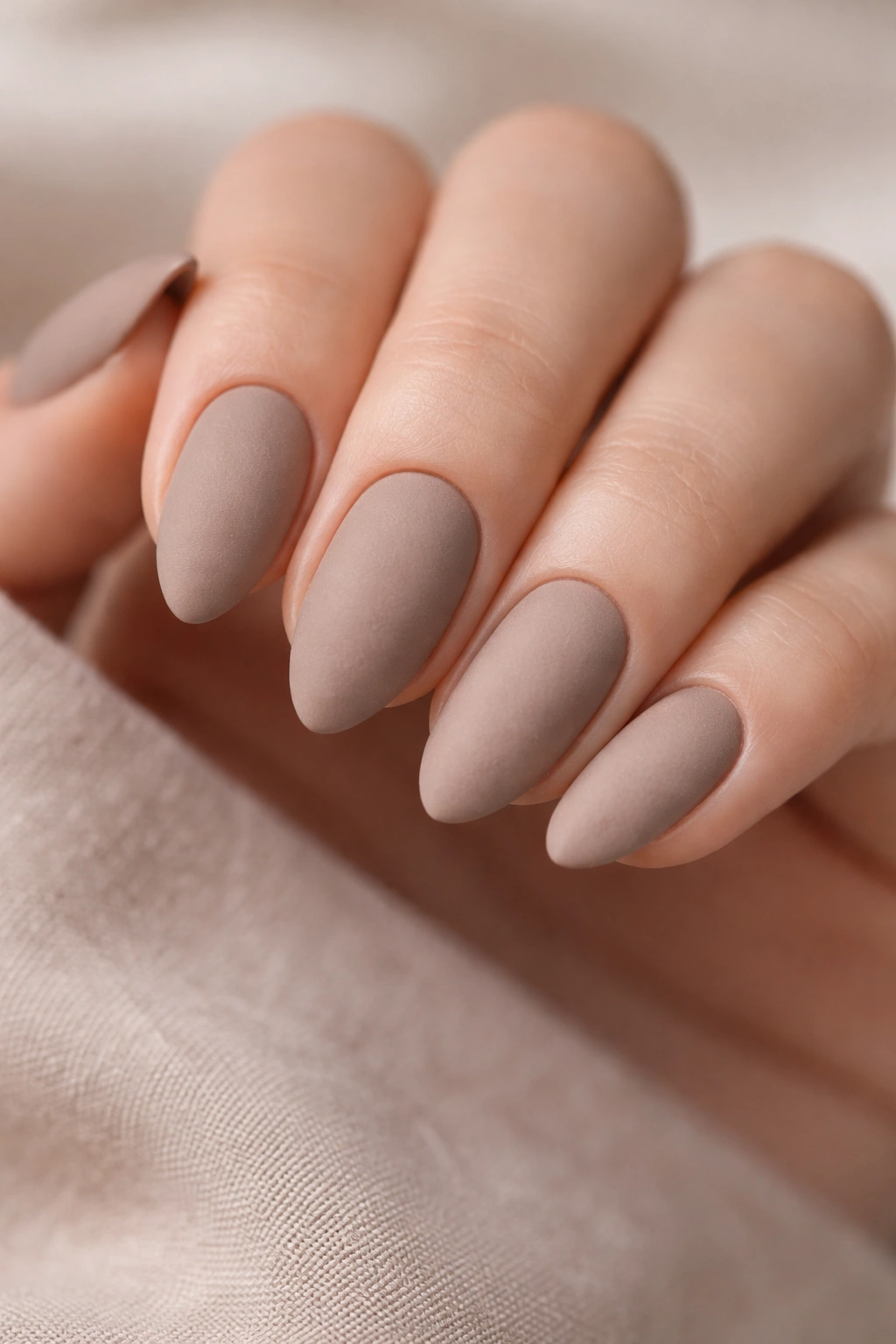 Close-up of short almond matte taupe polygel nails on neutral background