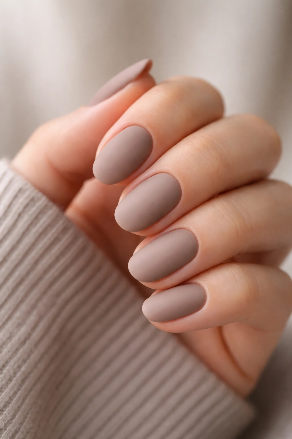 Matte taupe short oval acrylic nails with no shine on neutral background