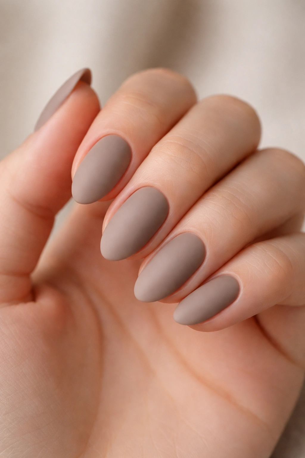 Close-up of matte taupe almond nails on a hand