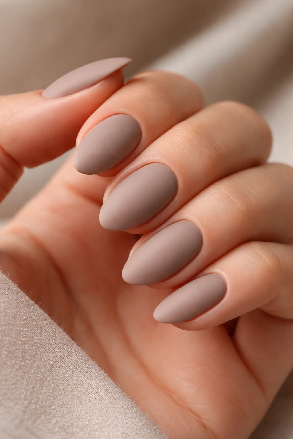 Close-up of matte taupe almond nails with a velvety soft edge
