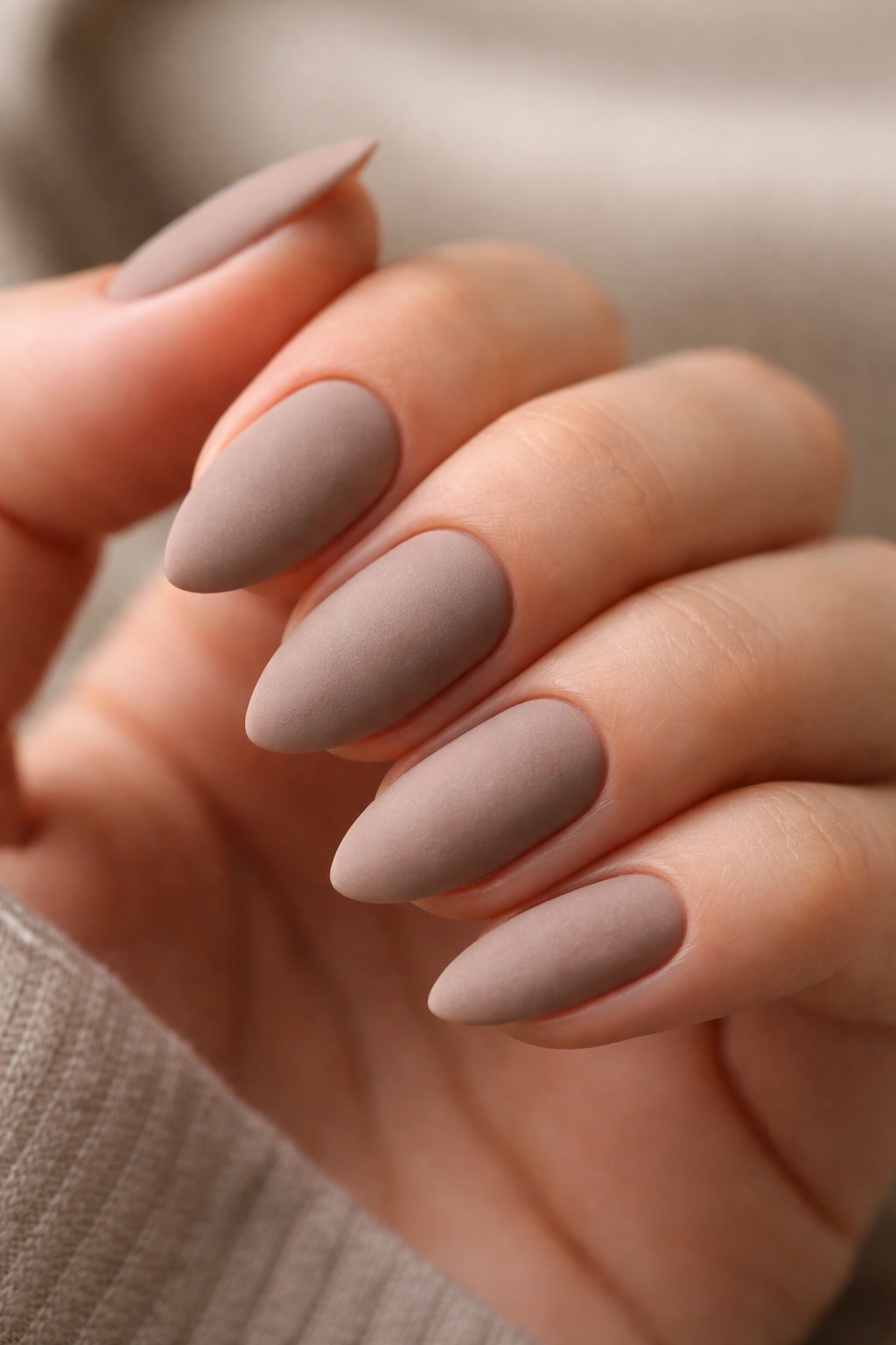 Close-up of short almond nails in matte taupe with suede-like finish
