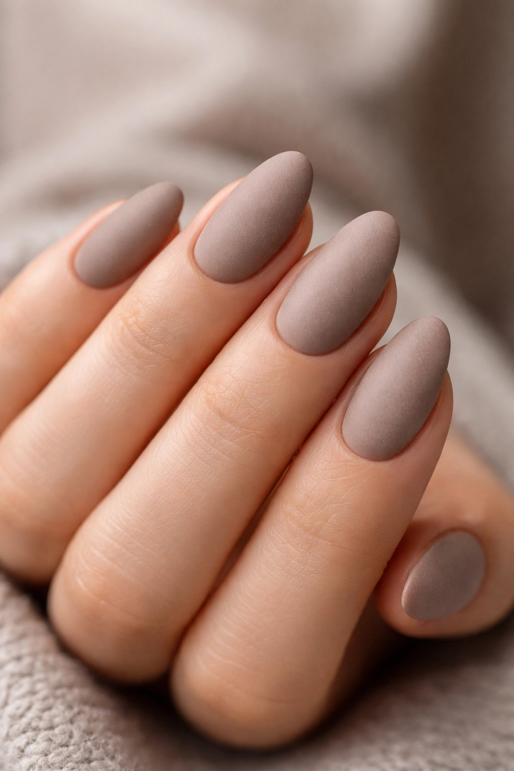 Close-up of matte taupe almond nails with velvet finish on short nails