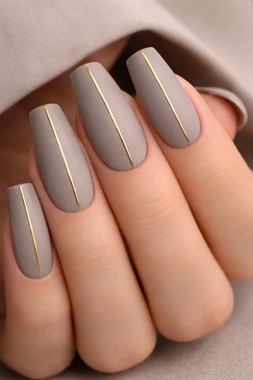 Matte taupe gray nails with a thin gold vertical line