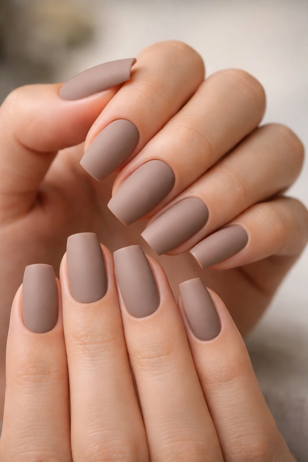 Close-up of matte taupe short coffin nails with clean edges