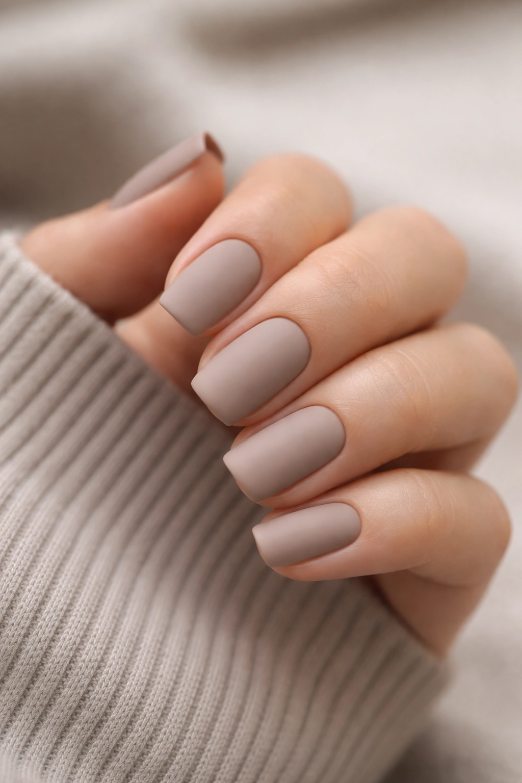Close-up of matte taupe square oval nails