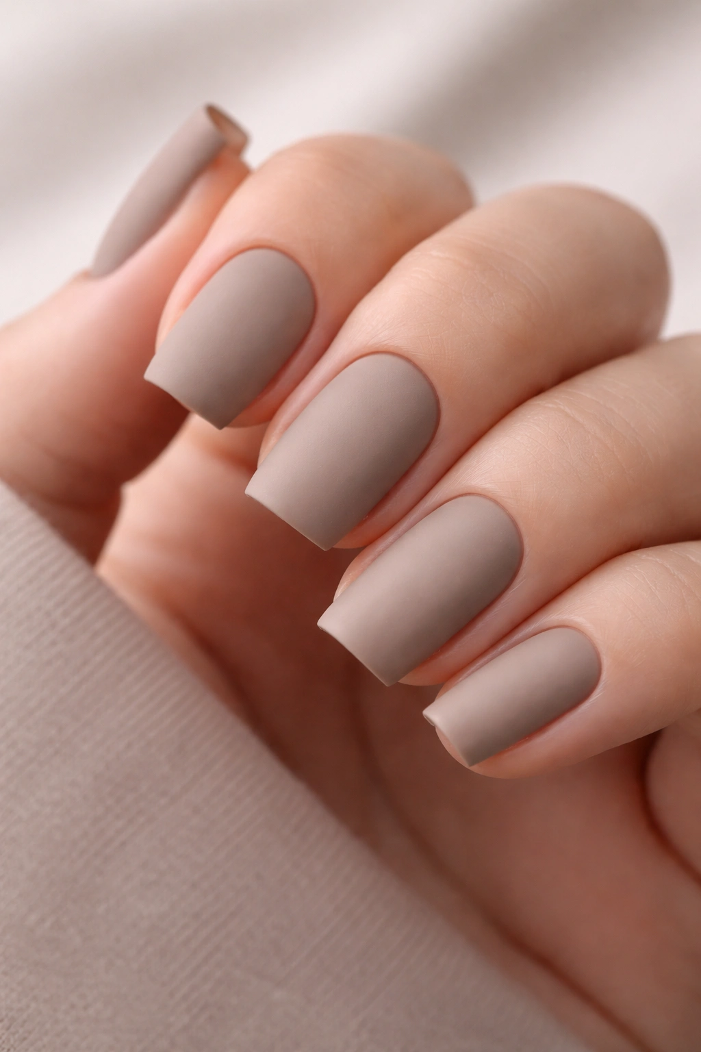 Close-up of matte taupe square nails with velvety finish