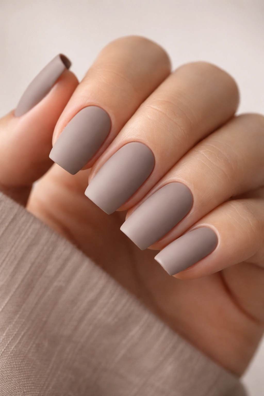 Matte taupe short ballerina nails with crisp flat tip