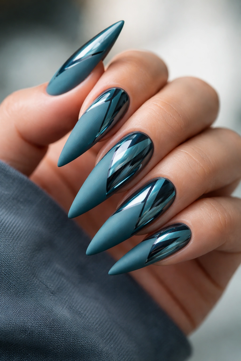 Matte teal nails with glossy geometric cutouts on stiletto tips