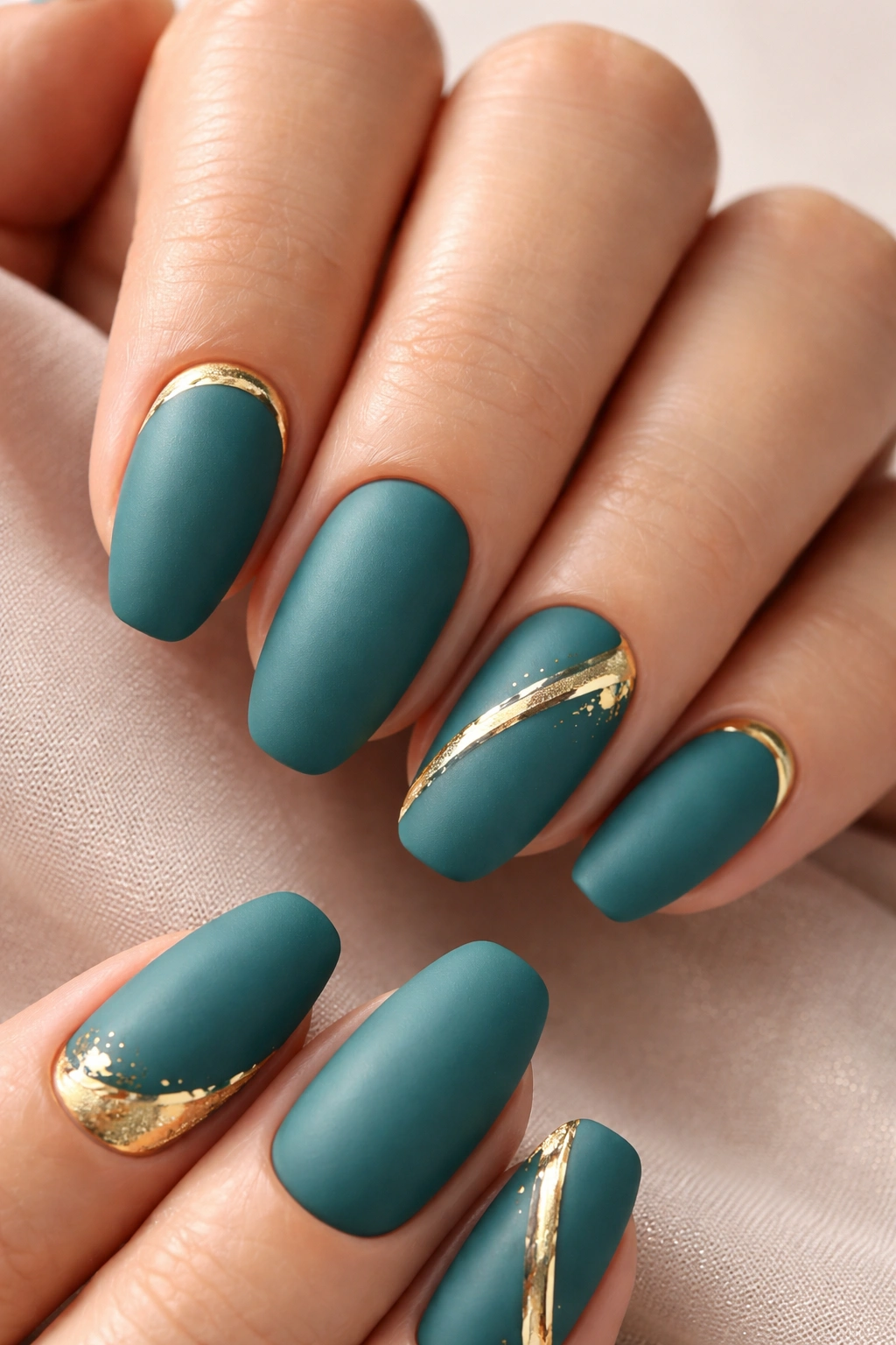 Close-up of matte teal nails with glossy gold accents