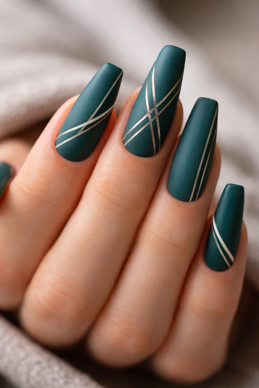 Matte teal coffin nails with metallic linear designs