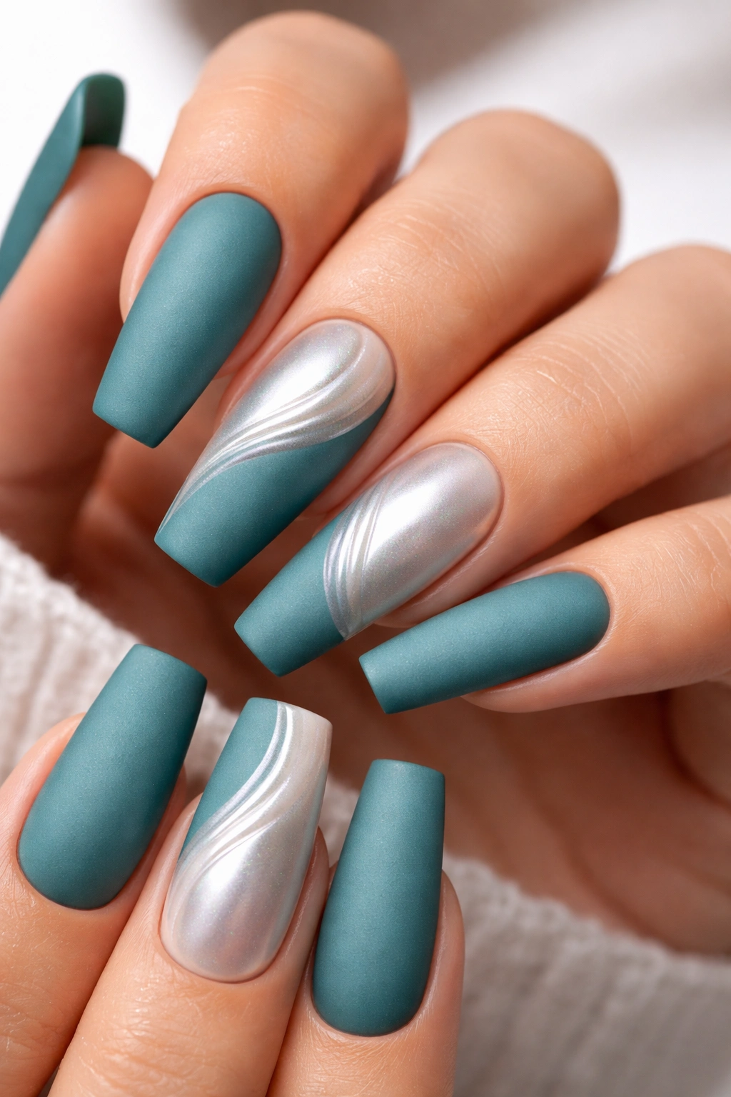 Close-up of coffin nails with matte teal and glossy pearl accents