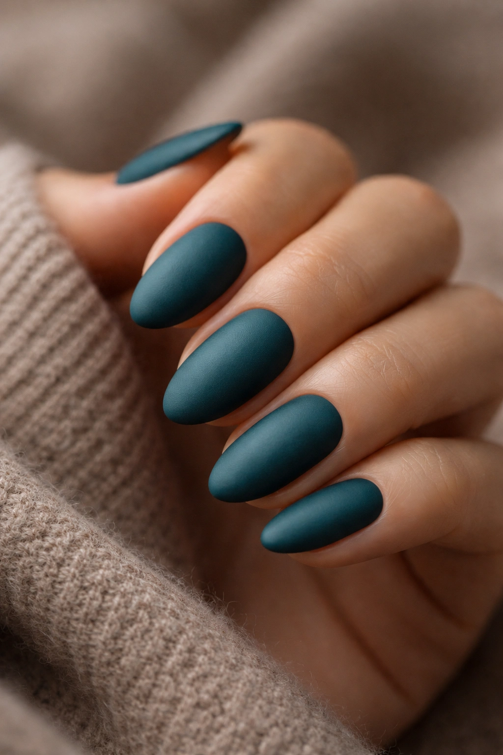 Close-up of matte teal almond nails with velvet finish