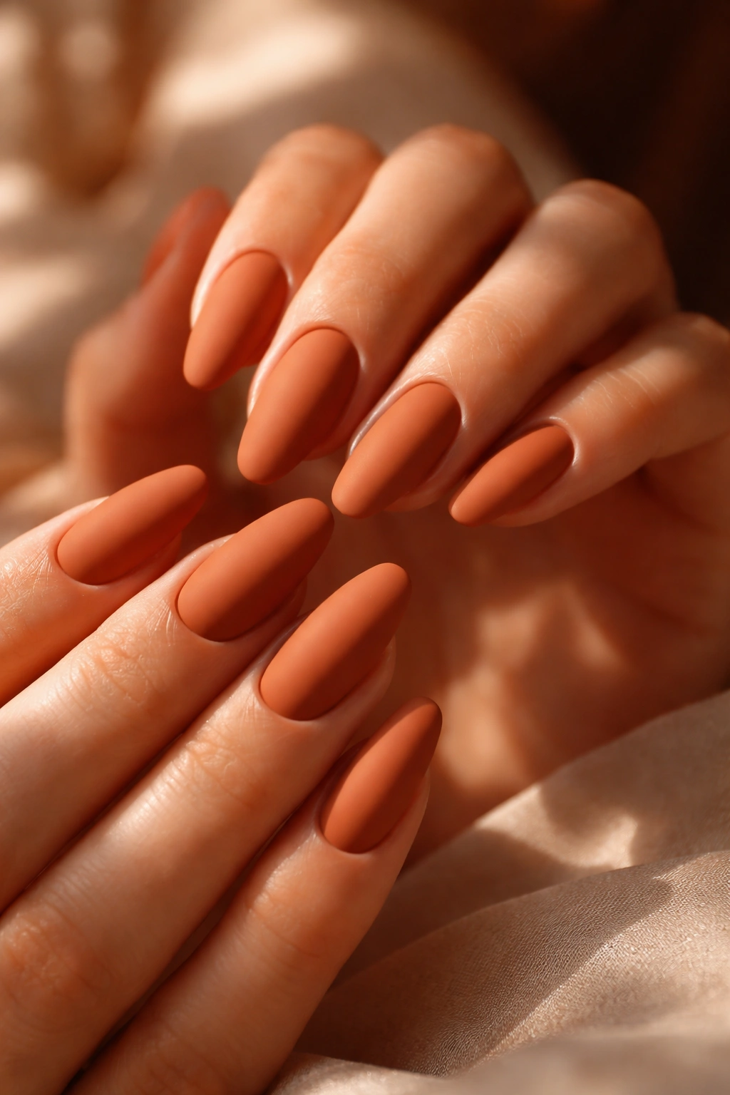 Close-up of hands with matte terracotta nails