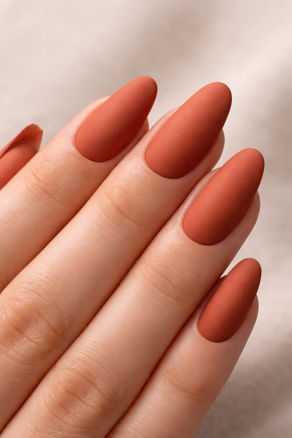 Macro close-up of matte terracotta nails with velvet finish