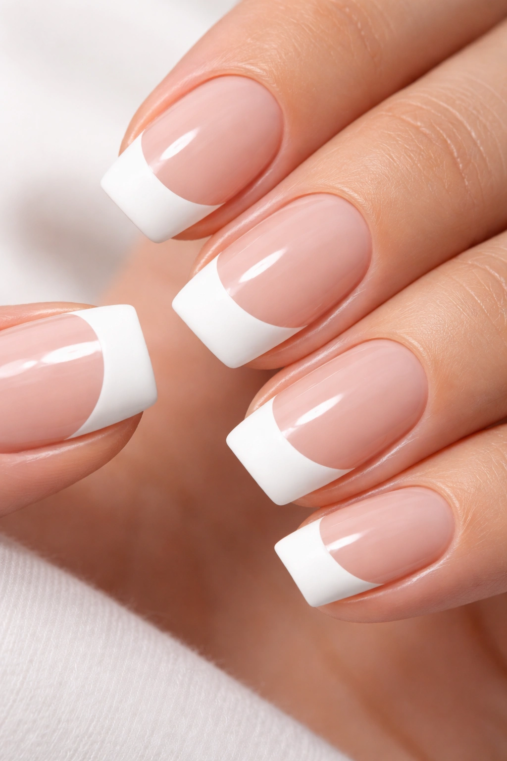 Close-up of short squoval nails with matte white tip on glossy base