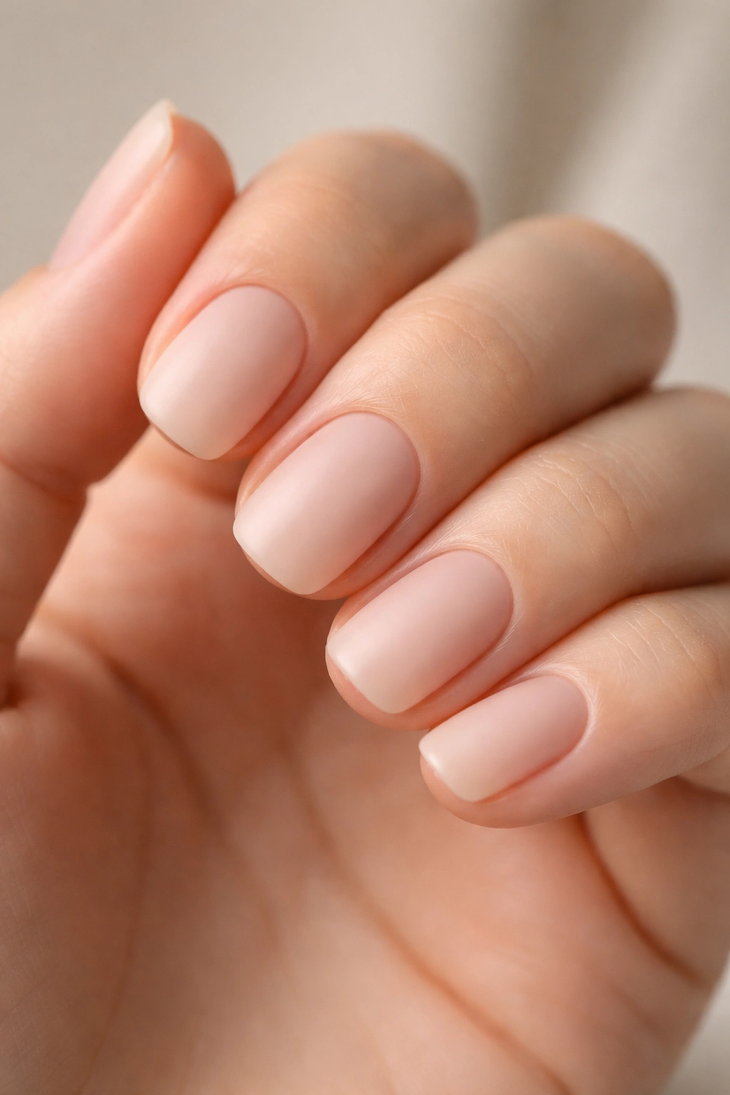 Close-up of natural nails with a matte top coat on short squoval nails