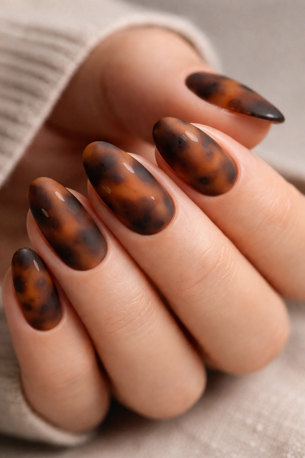 Close-up of short almond nails with matte tortoiseshell and glossy accents