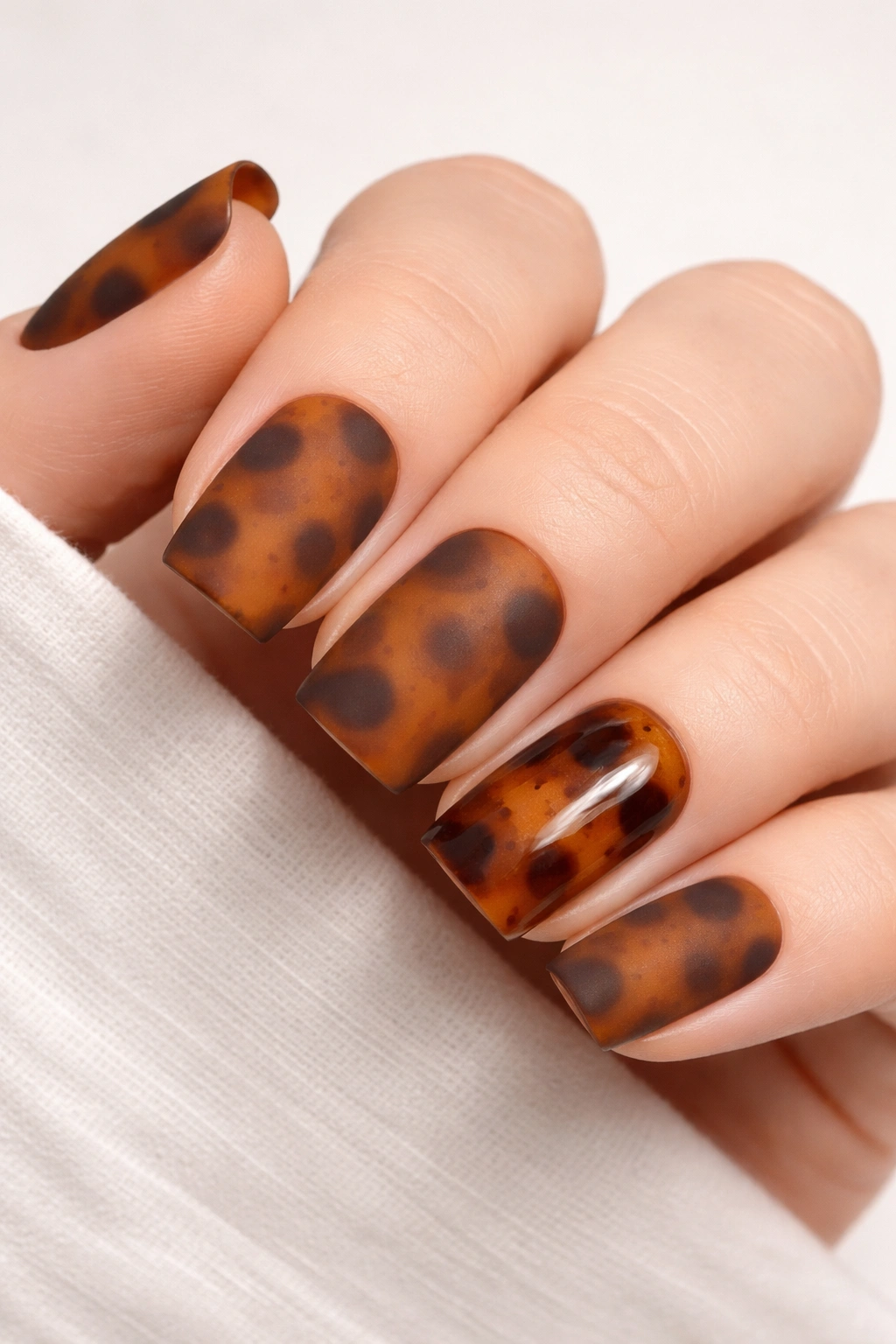 Close-up of four matte tortoiseshell nails and one glossy accent nail on a hand
