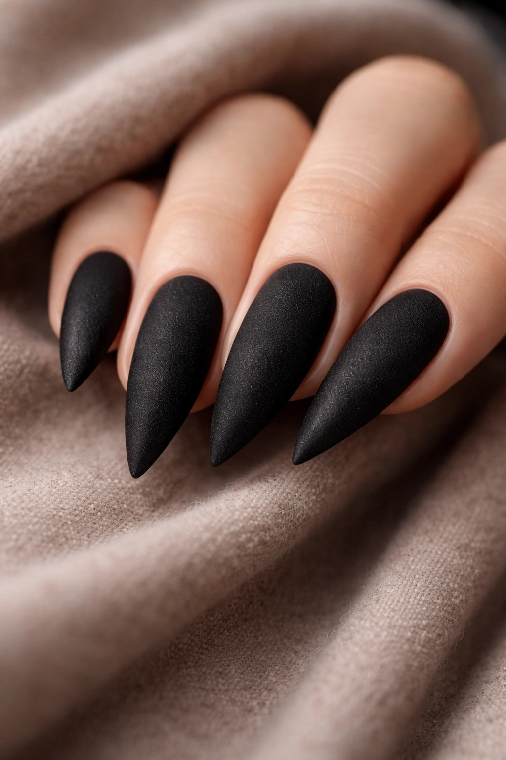 Close-up of matte black nails with velvet texture finish