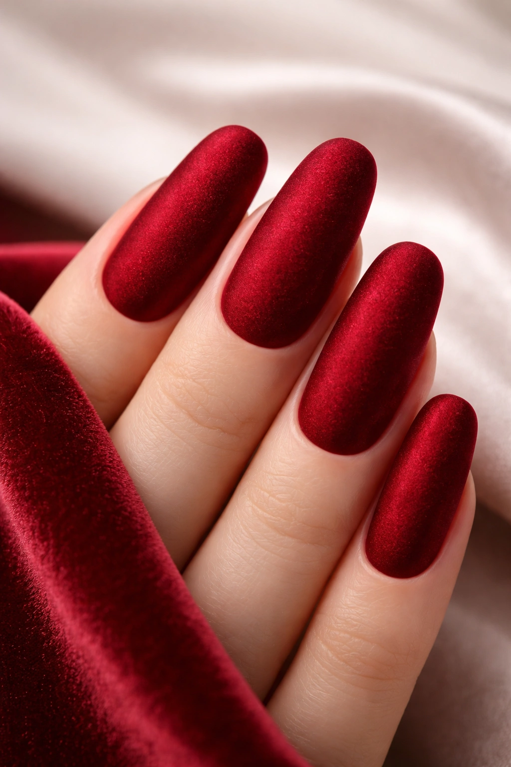 Long red matte nails with velvet texture