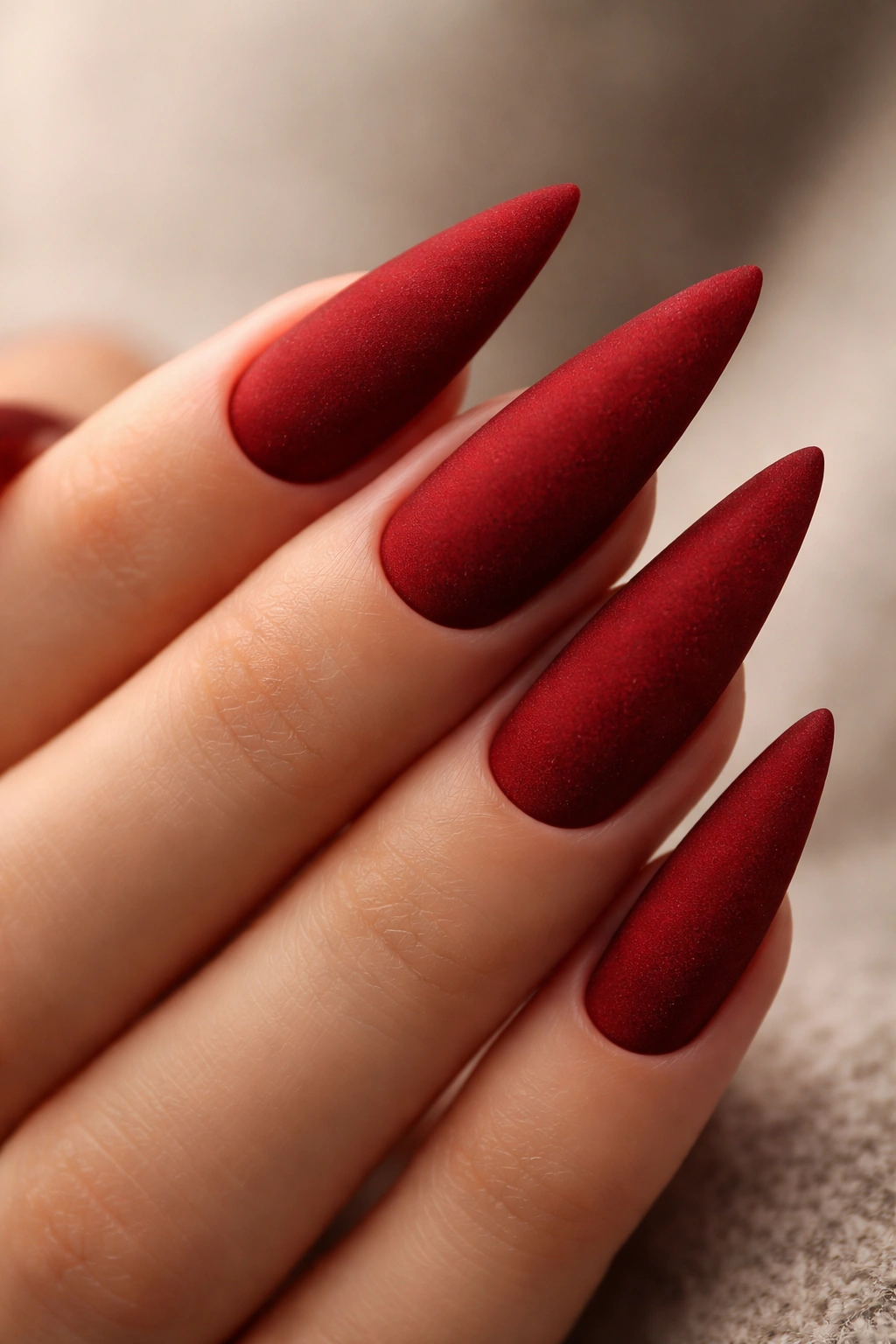 Close-up of matte red velvet stiletto nails on medium-length nails