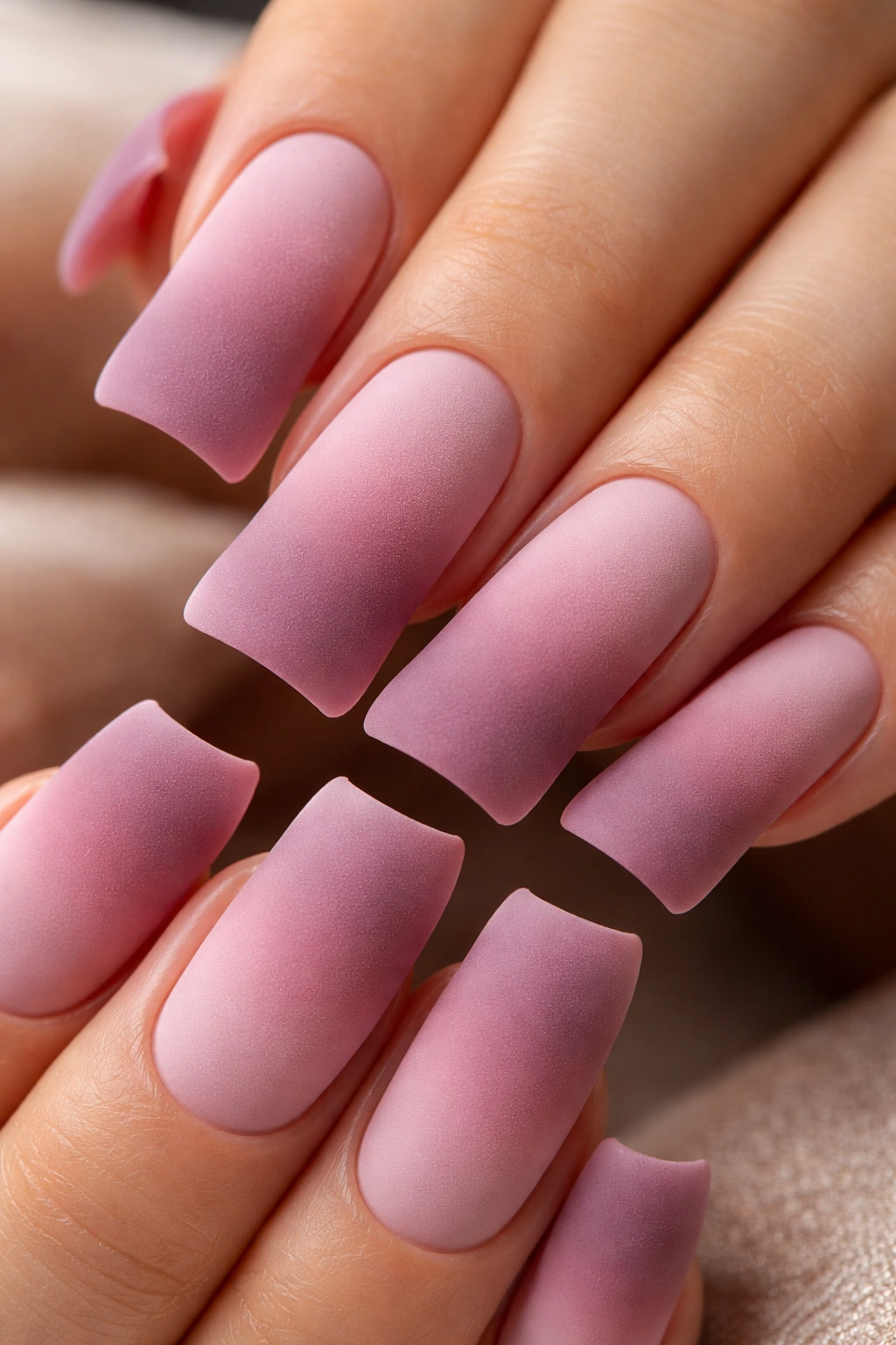 Duck nails with blush to mauve ombré and matte velvet texture.