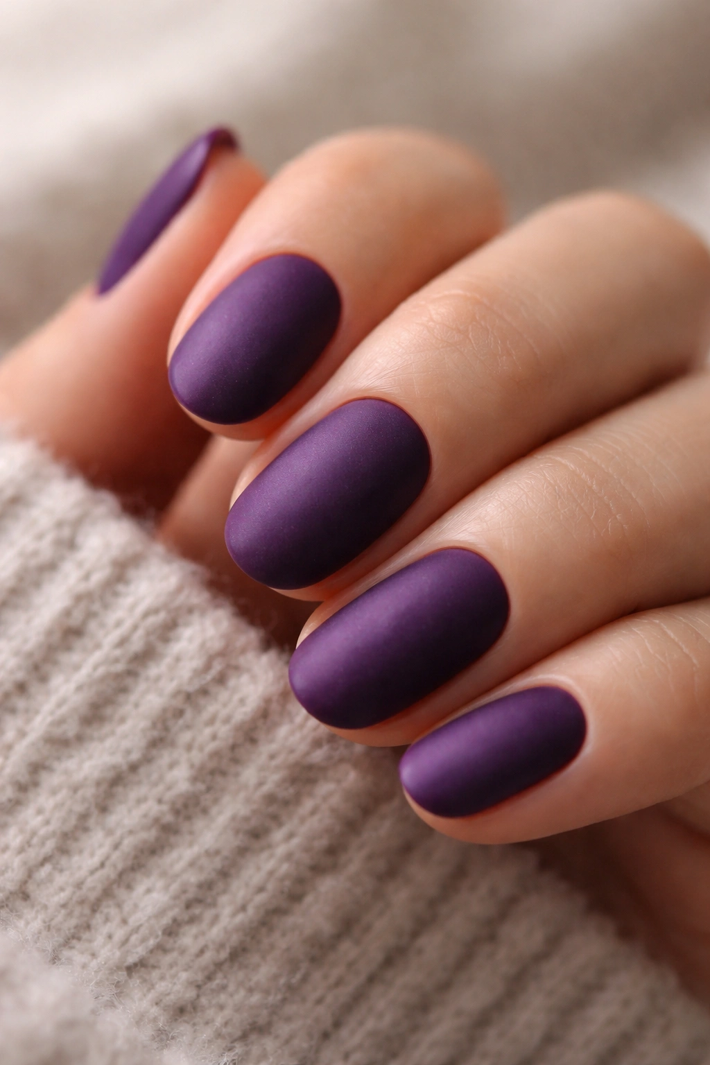 Close-up of matte violet velvet nails on short oval shape
