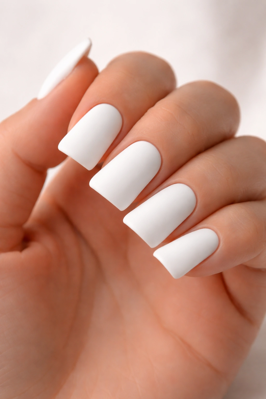 Close-up of matte white duck nails on short nails